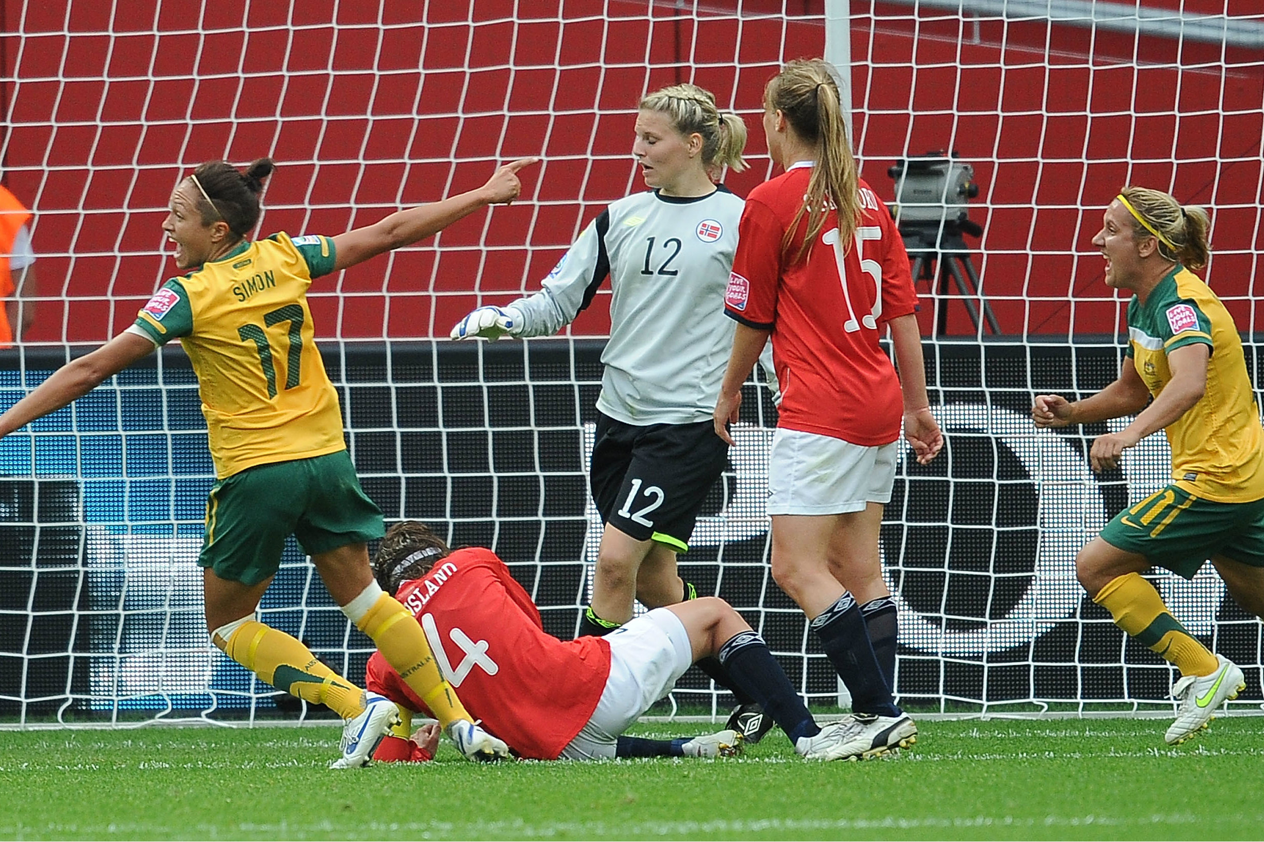 Kyah Simon celebrates a goal against Norway.