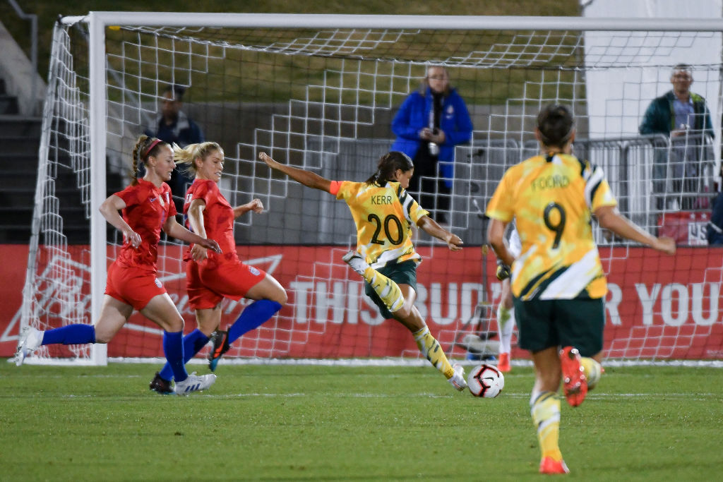 Sam Kerr of Australia shoots for Westfield Matildas against USA