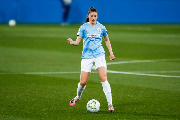 Amy Harrison playing for PSV in the champions league