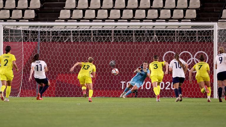 Teagan Micah saves Caroline Weir's penalty at the Olympics 