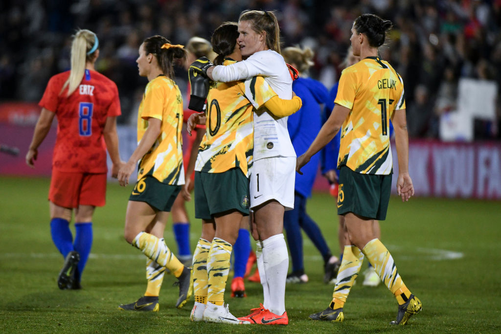Sam Kerr #20 of Australia hugs Alyssa Naeher #1 of the United States after playing at Dick's Sporting Goods Park on April 4, 2019 in Commerce City, Colorado. (Photo by Michael Ciaglo/Getty Images)