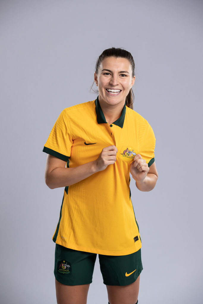 Steph Catley poses during an Australia Matildas headshots session at Intercontinental Double Bay on November 24, 2021 in Sydney, Australia. (Photo by Matt King/Getty Images for Football Australia)