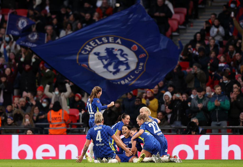 Sam Kerr of Chelsea celebrates after scoring her teams third goal during the Vitality Women's FA Cup Final match between Arsenal and Chelsea at Wembley Stadium (Photo: GettyImages)