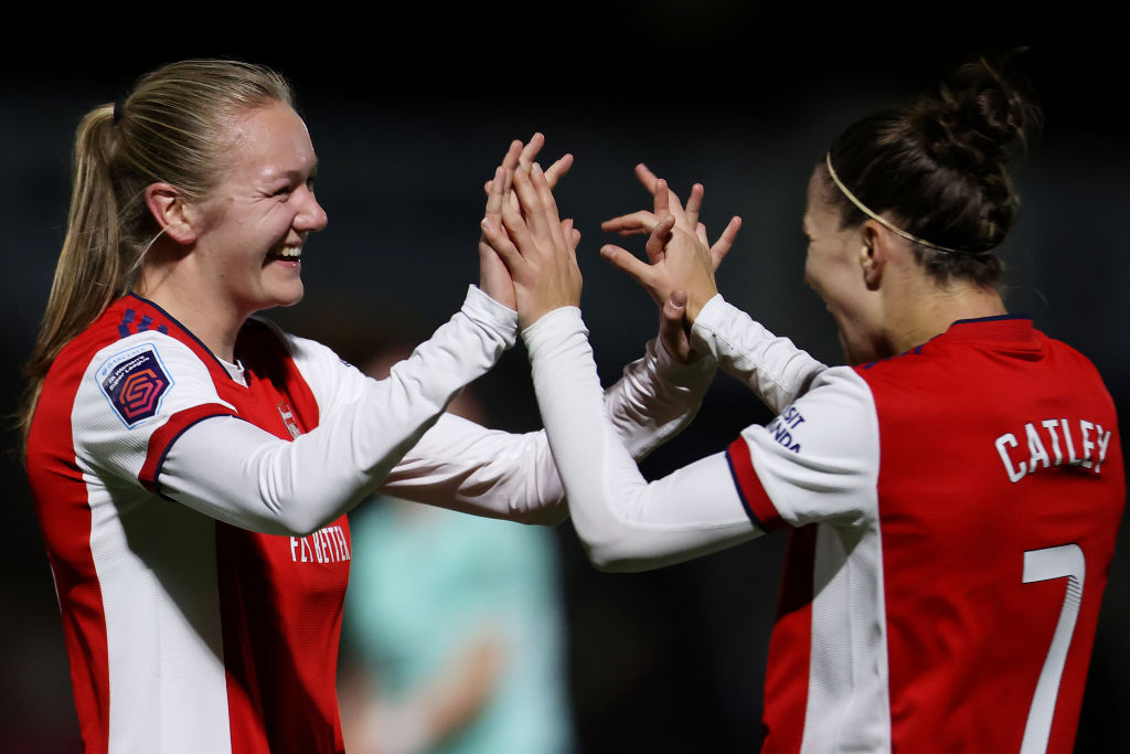 Frida Maanum of Arsenal celebrates with Steph Catley after scoring their side's fourth goal during the Barclays FA Women's Super League match between Arsenal Women and Leicester City Women (Photo: GettyImages)
