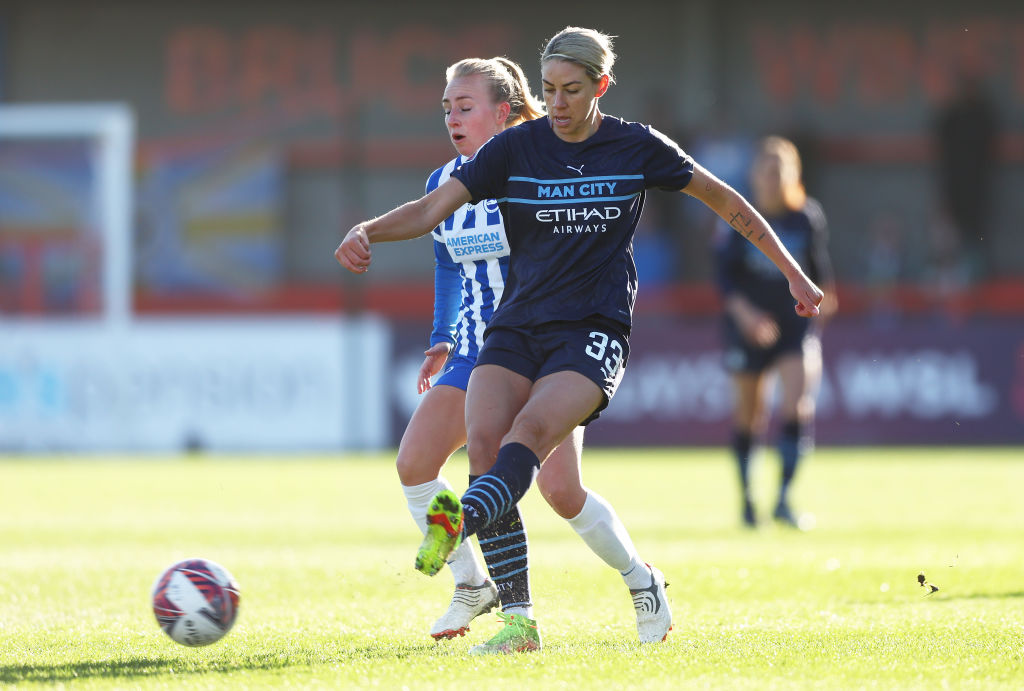 Alanna Kennedy of Manchester City is tackled by Inessa Kaagman of Brighton and Hove Albion during the Barclays FA Women's Super League match between Brighton & Hove Albion Women and Manchester City Women (Photo: GettyImages)