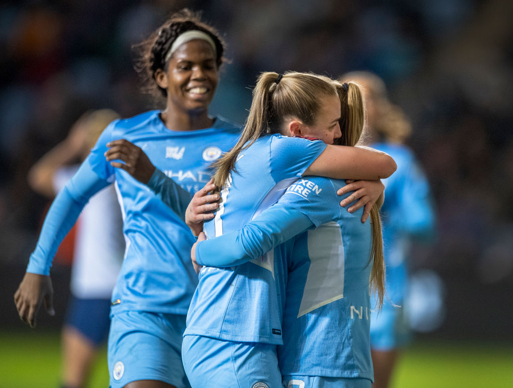 Jess Park of Manchester City celebrates with team mates Georgia Stanway and Khadija Shaw after scoring their side's first goal during the FA Women's Continental Tyres League Cup Semi Final (Photo: GettyImages)
