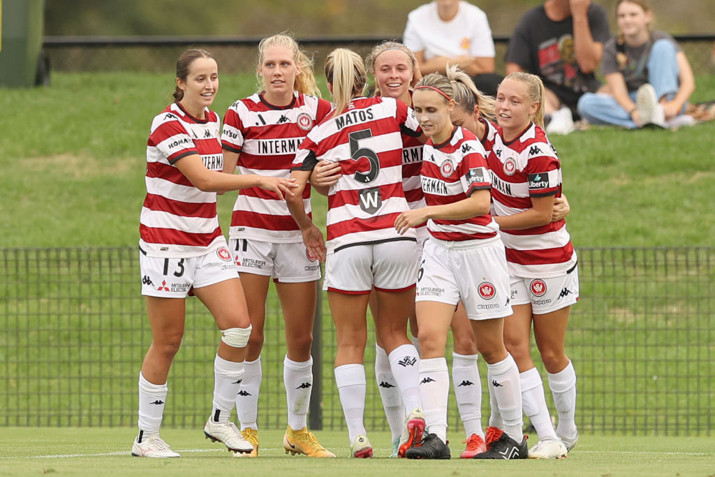 Ashlie Crofts of Western Sydney celebrates her goal with team mates during the round 12 A-League Women's match between Newcastle Jets and Western Sydney Wanderers at No 2. Sportsground, on February 19, 2022, in Newcastle, Australia. (Photo by Ashley Feder/Getty Images)