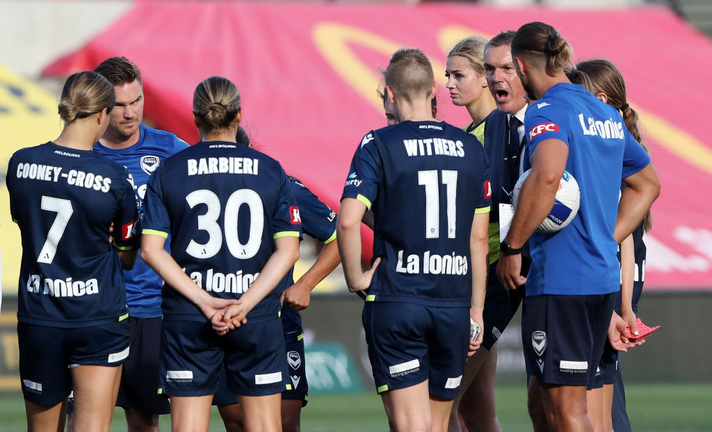  Jeffrey Hopkins, Melbourne Victory Coach blasts his players after the loss during the A-League Women's match between Adelaide United and Melbourne Victory at Coopers Stadium, on February 26, 2022, in Adelaide, Australia. (Photo by Sarah Reed/Getty Images)