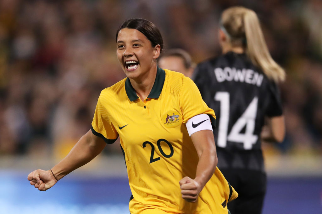 Sam Kerr of Australia celebrates with team mates after scoring a goal during the International womens friendly match between the Australia Matildas and the New Zealand at GIO Stadium on April 12, 2022 in Canberra, Australia. (Photo by Matt King/Getty Images)