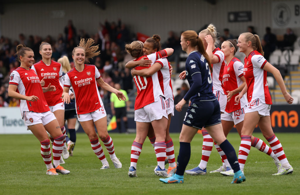 Nikita Parris of Arsenal celebrates scoring their side's seventh goal with teammates during the Barclays FA Women's Super League match between Arsenal Women and Aston Villa Women at Meadow Park on May 01, 2022 in Borehamwood, England. (Photo by Paul Harding/Getty Images)