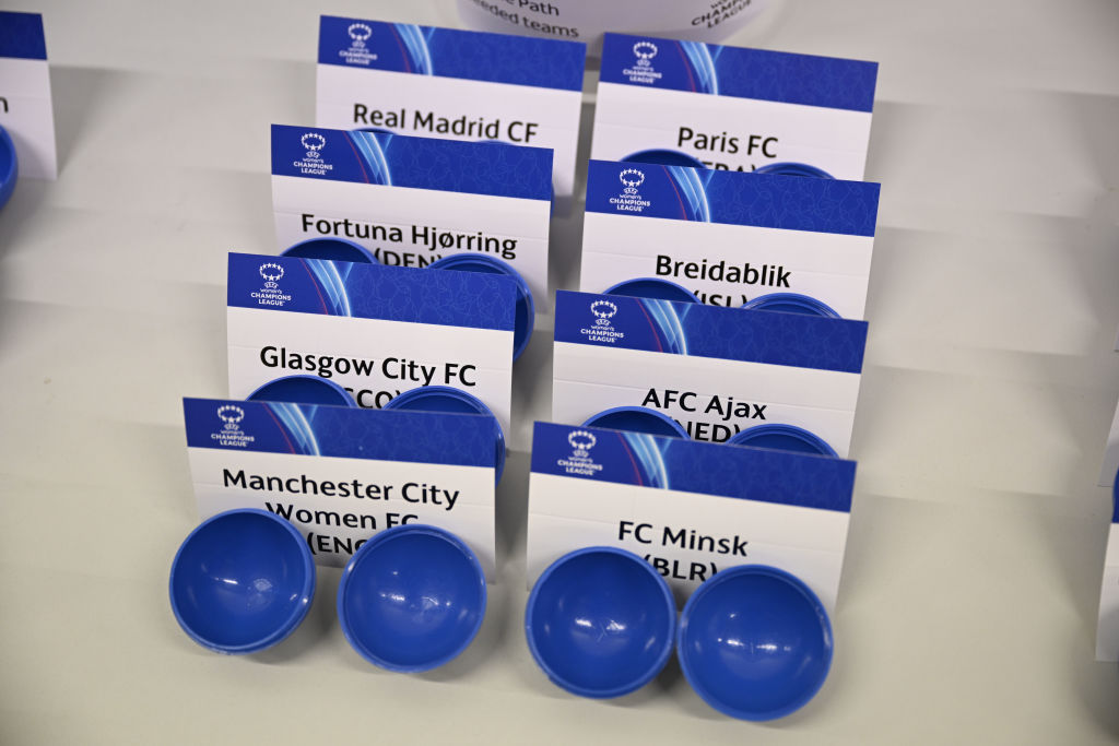 A view of the draw cards ahead of the UEFA Women's Champions League 2022/23 Preliminary Round and Round 1 Draws at the UEFA headquarters, The House of European Football, on June 24, 2022, in Nyon, Switzerland. (Photo by Kristian Skeie - UEFA/UEFA via Getty Images)