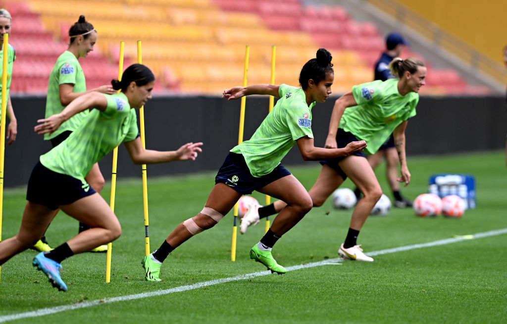 Mary Fowler runs through a training drill during an Australia Matildas training session at Suncorp Stadium on September 02, 2022 in Brisbane, Australia. (Photo by Bradley Kanaris/Getty Images) Mary Fowler runs through a training drill during an Australia Matildas training session at Suncorp Stadium on September 02, 2022 in Brisbane, Australia. (Photo by Bradley Kanaris/Getty Images)
