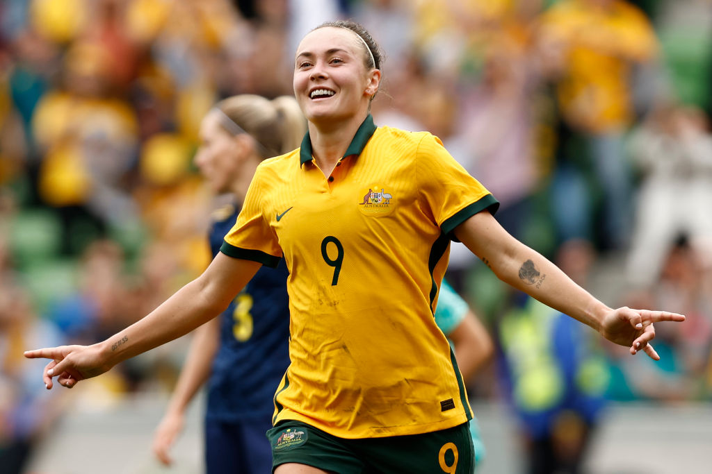 Caitlin Foord of the Matildas celebrates a goal during the International friendly match between the Australia Matildas and Sweden at AAMI Park on November 12, 2022 in Melbourne, Australia. (Photo by Darrian Traynor/Getty Images)