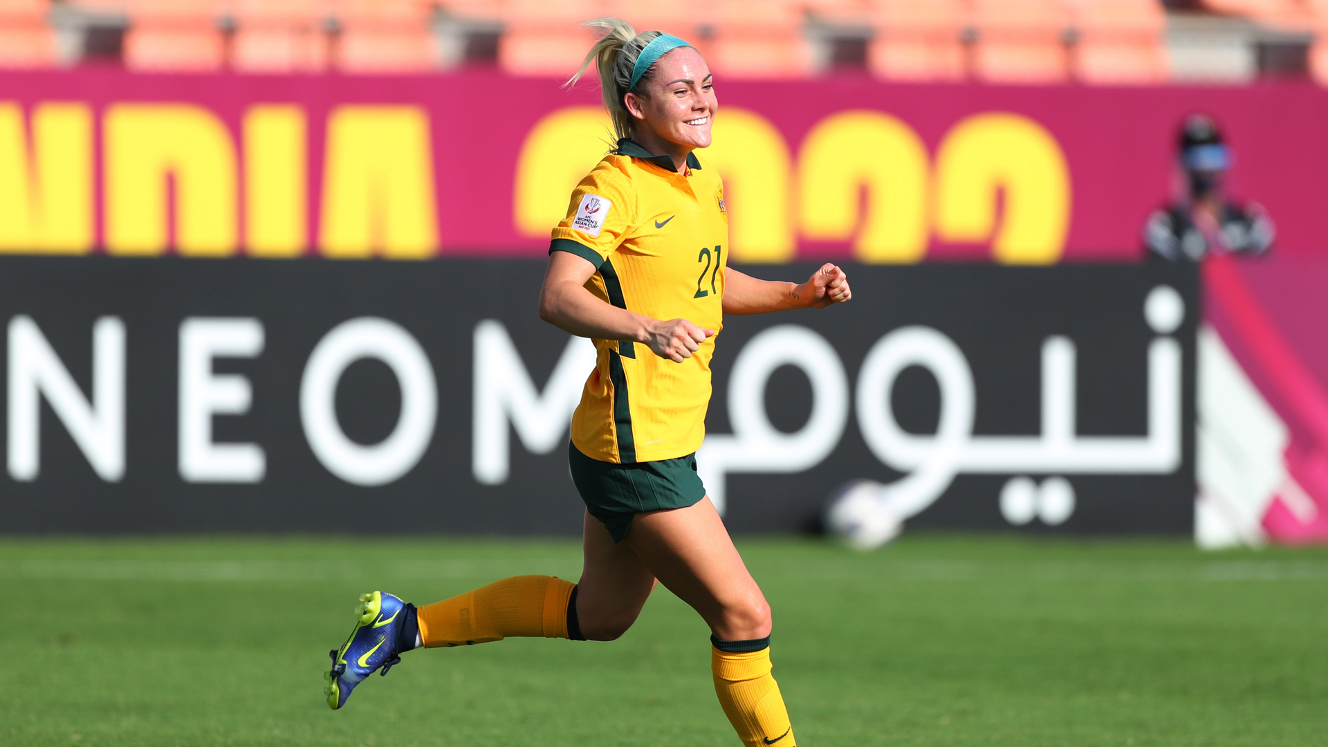 Ellie Carpenter celebrating her goal for Australia at the 2022 AFC Asian Cup.