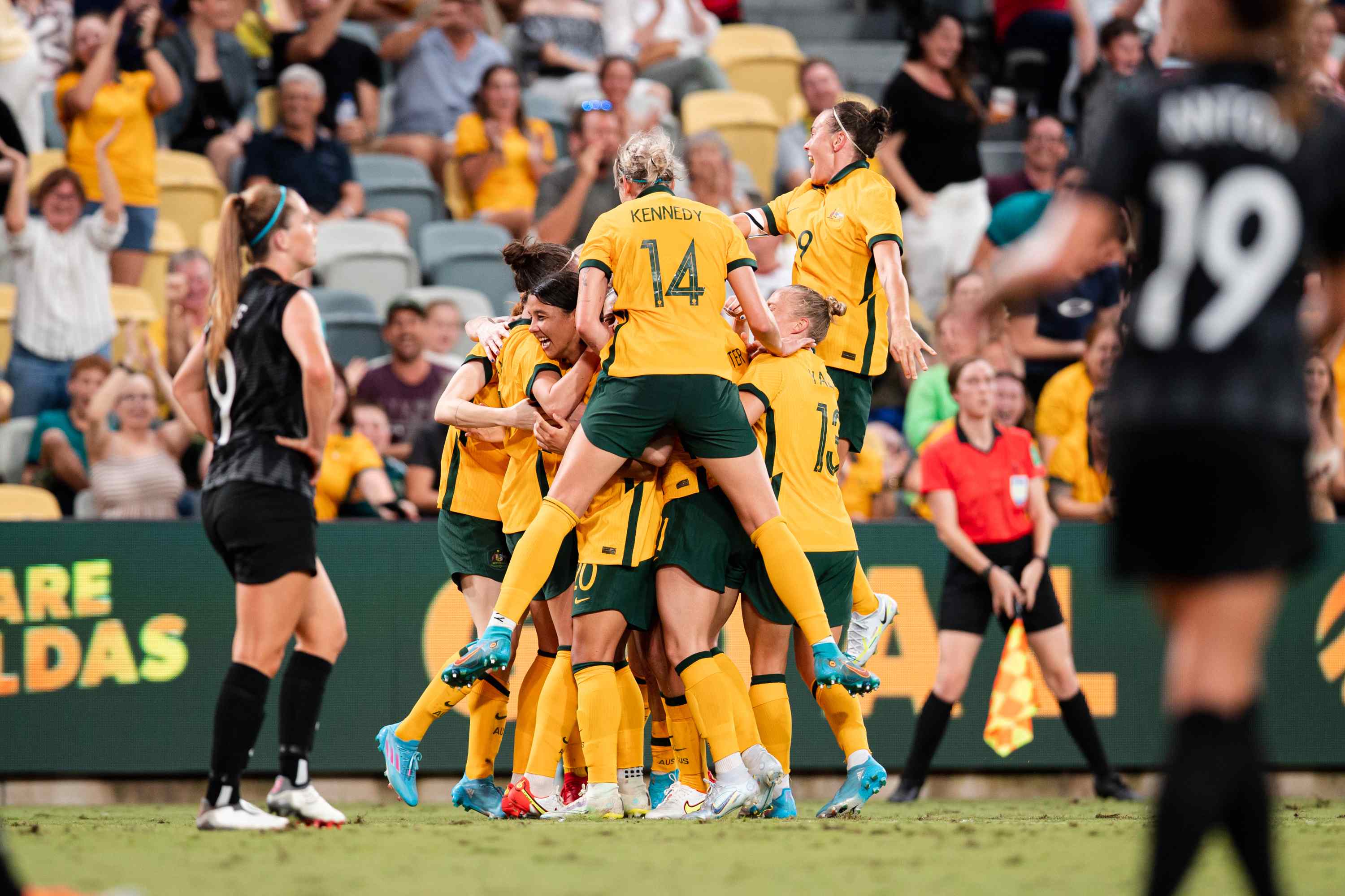Australia celebrating a goal against New Zealand in Townsville. (Photo: Rachel Bach//By The White Line)