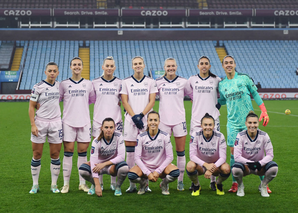 The Arsenal team pose for a photo prior to the Barclays FA Women's Super League match between Aston Villa and Arsenal at Villa Park on December 11, 2022 in Birmingham, England. (Photo by Alex Burstow/Arsenal FC via Getty Images)