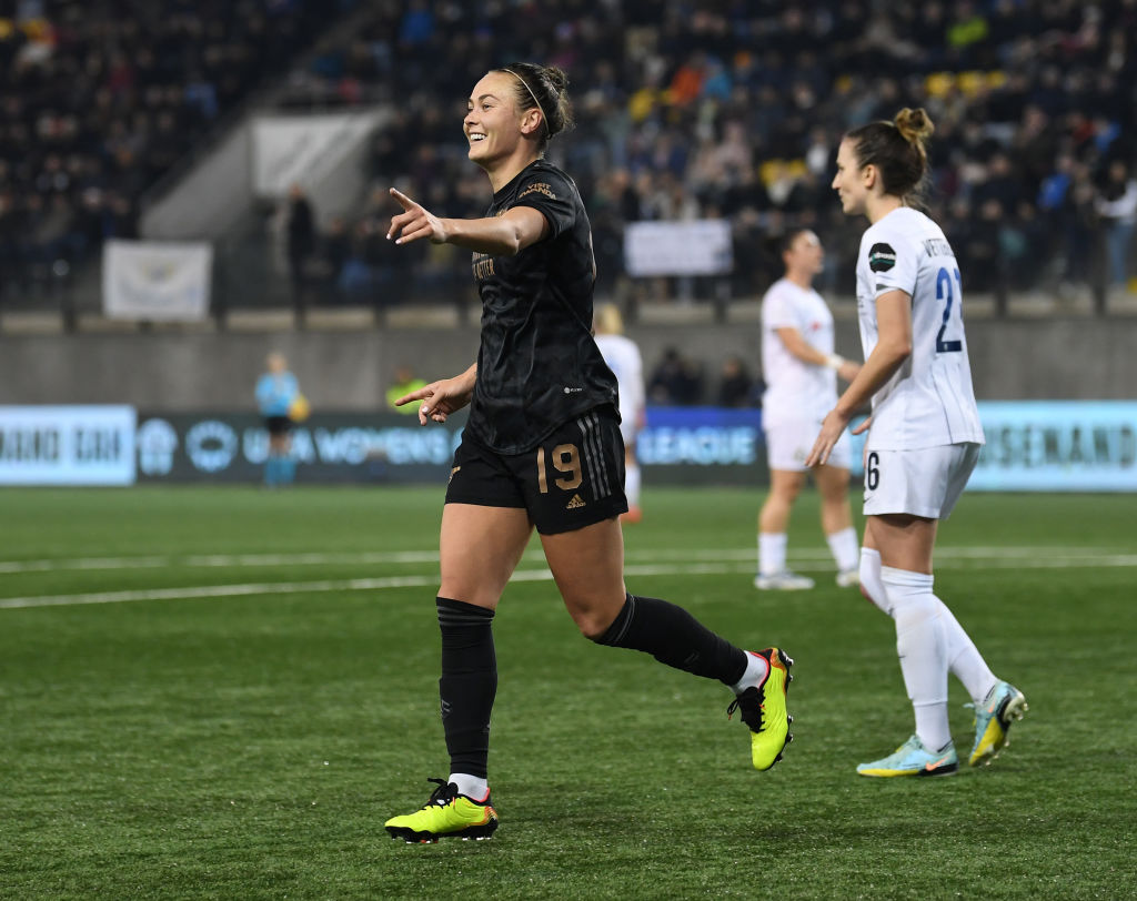 Caitlin Foord celebrates scoring Arsenal's 2nd goal during the UEFA Women's Champions League group C match between FC Zürich and Arsenal at WeFox Arena on December 21, 2022 in Schaffhausen, Switzerland. (Photo by David Price/Arsenal FC via Getty Images) Caitlin Foord celebrates scoring Arsenal's 2nd goal during the UEFA Women's Champions League group C match between FC Zürich and Arsenal at WeFox Arena on December 21, 2022 in Schaffhausen, Switzerland. (Photo by David Price/Arsenal FC via Getty Images)