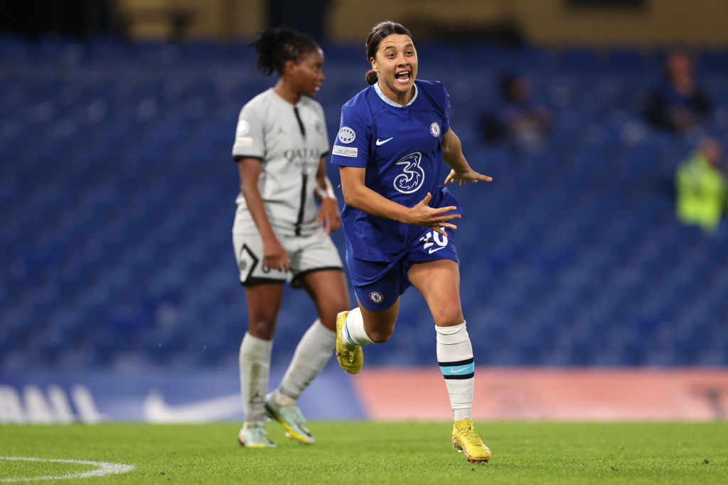 Samantha Kerr of Chelsea FC celebrates scoring her sides first goal during the UEFA Women's Champions League group A match between Chelsea FC and Paris Saint-Germain at Stamford Bridge stadium on December 22, 2022 in London, England. (Photo by Ryan Pierse Samantha Kerr of Chelsea FC celebrates scoring her sides first goal during the UEFA Women's Champions League group A match between Chelsea FC and Paris Saint-Germain at Stamford Bridge stadium on December 22, 2022 in London, England. (Photo by Ryan Pierse/Getty Images)