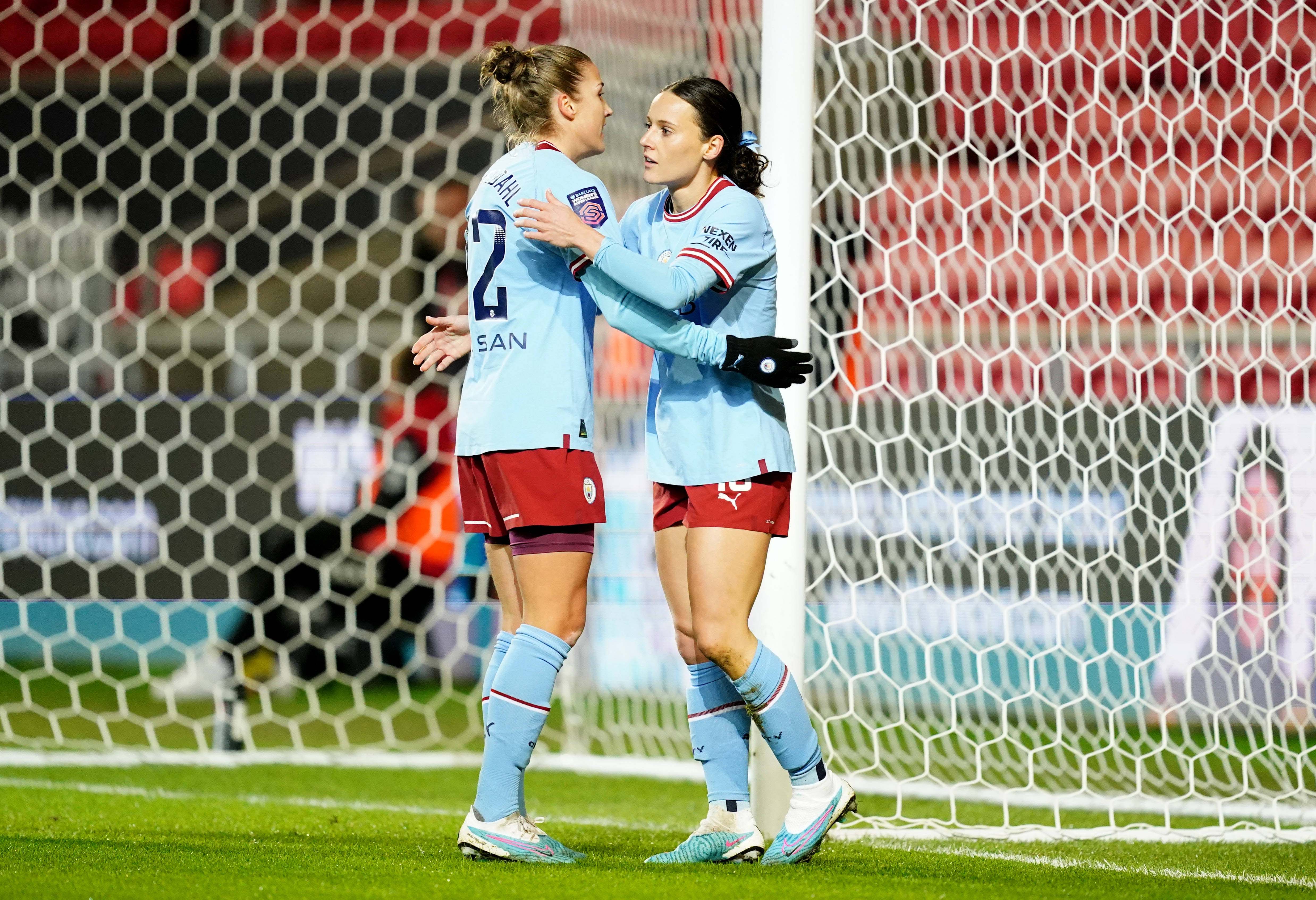 Manchester City's Hayley Raso (right) celebrates scoring her sides first goal with team mate Filippa Angeldahl during the FA Women's Continental League Cup quarter-final match at Ashton Gate, Bristol. Picture date: Wednesday January 25, 2023. (Photo by David Davies/PA Images via Getty Images)