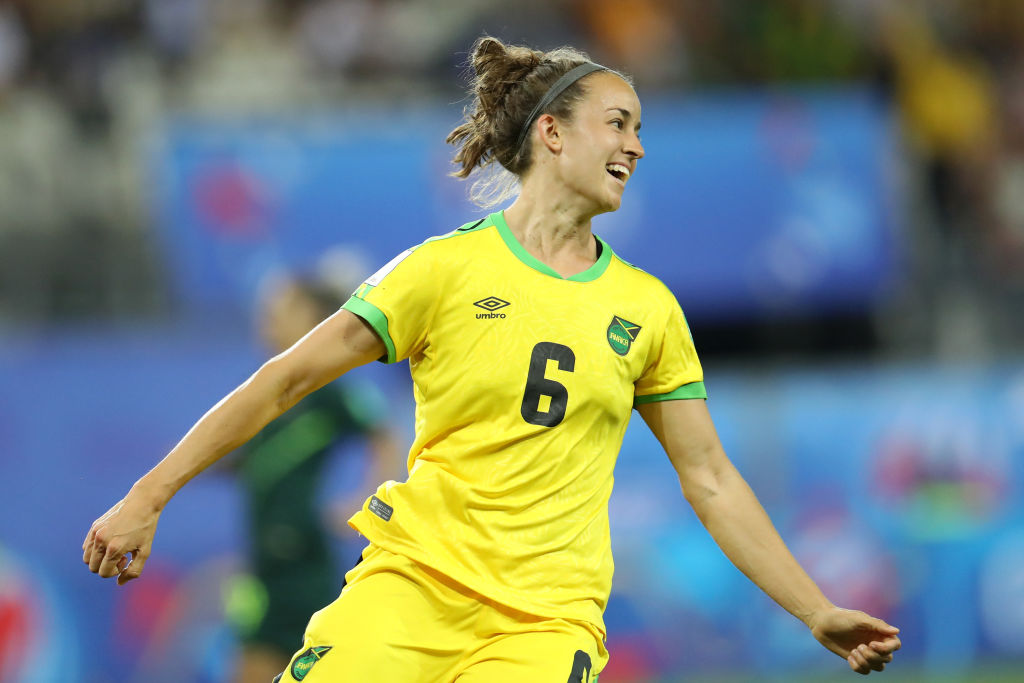 Havana Solaun of Jamaica celebrates after scoring her team's first goal during the 2019 FIFA Women's World Cup France group C match between Jamaica and Australia at Stade des Alpes on June 18, 2019 in Grenoble, France. (Photo by Maja Hitij/Getty Images)