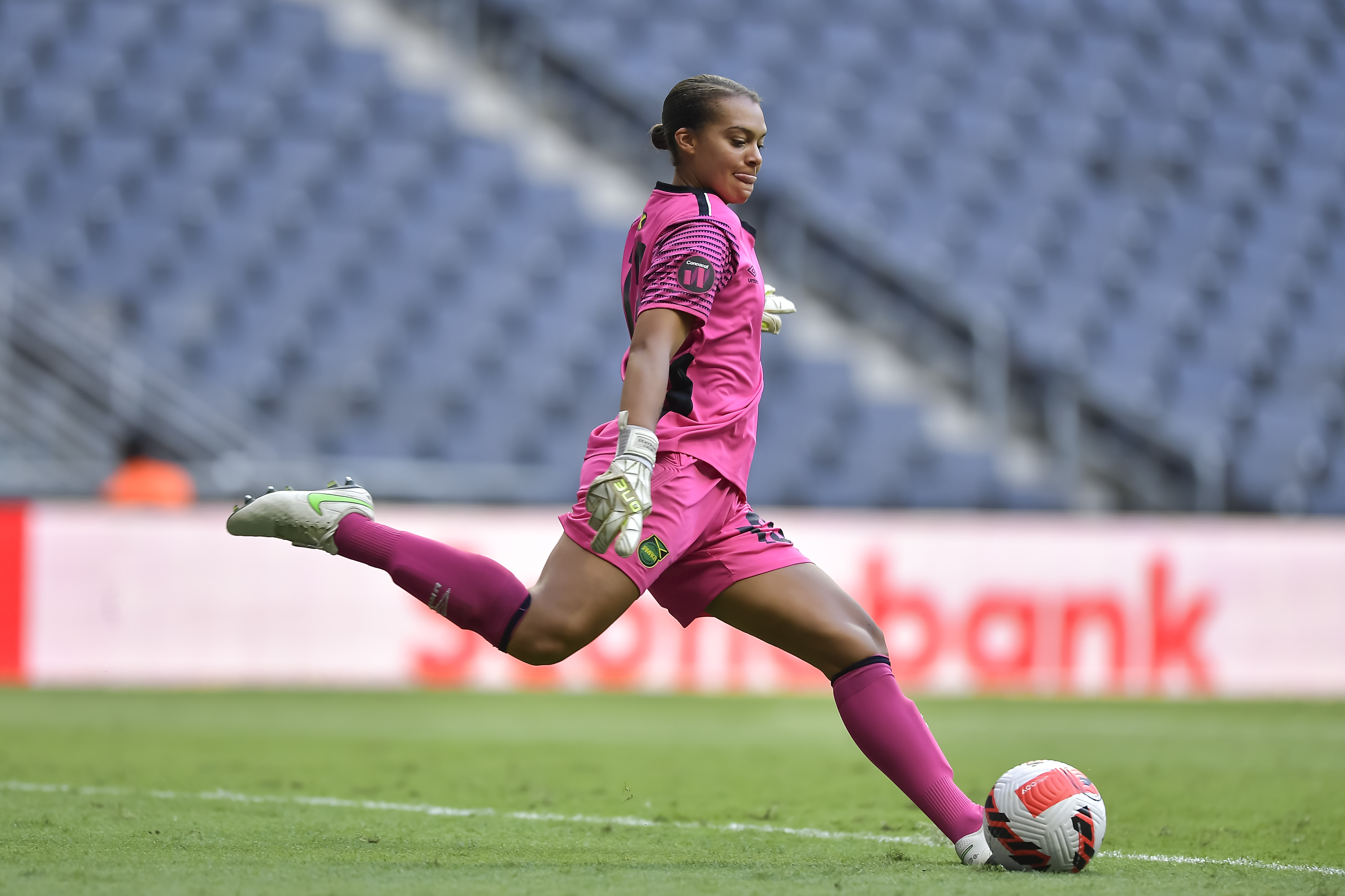 Rebecca Spencer of Jamaica kicks the ball during the third place match between Costa Rica and Jamaica as part of the 2022 Concacaf W Championship at BBVA Stadium on July 18, 2022 in Monterrey, Mexico. (Photo by Azael Rodriguez/Getty Images)