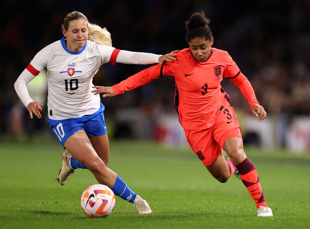 Kateřina Svitková of Czechia battles for possession with Demi Stokes of England during the International Friendly match between England and Czechia at American Express Community Stadium on October 11, 2022, in Brighton, England. (Photo by Ryan Pierse/Getty Images)