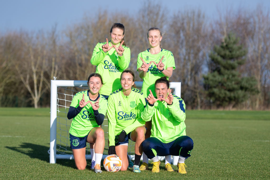 Elise Stenevik, Aggie Beever-Jones, Clare Wheeler, Rikke Sevecke and Katrine Veje of Everton pose for a photo after training at Finch Farm on January 04, 2023 in Halewood, England. (Photo by Emma Simpson - Everton FC/Everton FC via Getty Images)