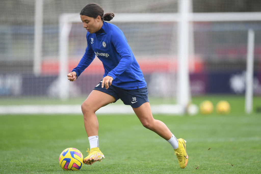 Sam Kerr of Chelsea in action during a Chelsea FC Women's Training Session at Ciudad Deportiva on January 08, 2023 in La Nucia, Spain. (Photo by Harriet Lander - Chelsea FC/Chelsea FC via Getty Images)