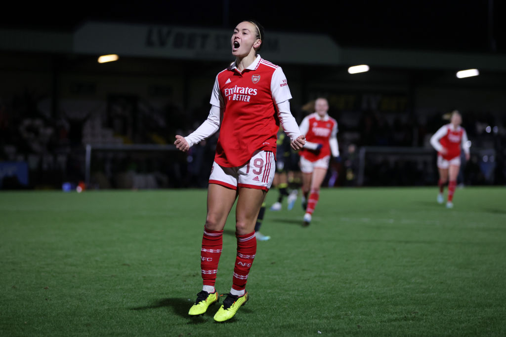 Caitlin Foord of Arsenal celebrates after scoring the team's third goal during the FA Women's Continental Tyres League Cup Quarter Finals match between Arsenal and Aston Villa at Meadow Park on January 26, 2023 in Borehamwood, England. (Photo by Catherine Ivill/Getty Images)