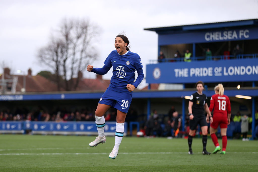 Sam Kerr of Chelsea celebrates after scoring the team's third goal and their hat-trick during the Vitality Women's FA Cup Fourth Round match between Chelsea and Liverpool at Kingsmeadow on January 29, 2023 in Kingston upon Thames, England. (Photo by Alex Sam Kerr of Chelsea celebrates after scoring the team's third goal and their hat-trick during the Vitality Women's FA Cup Fourth Round match between Chelsea and Liverpool at Kingsmeadow on January 29, 2023 in Kingston upon Thames, England. (Photo by Alex Pantling/Getty Images)