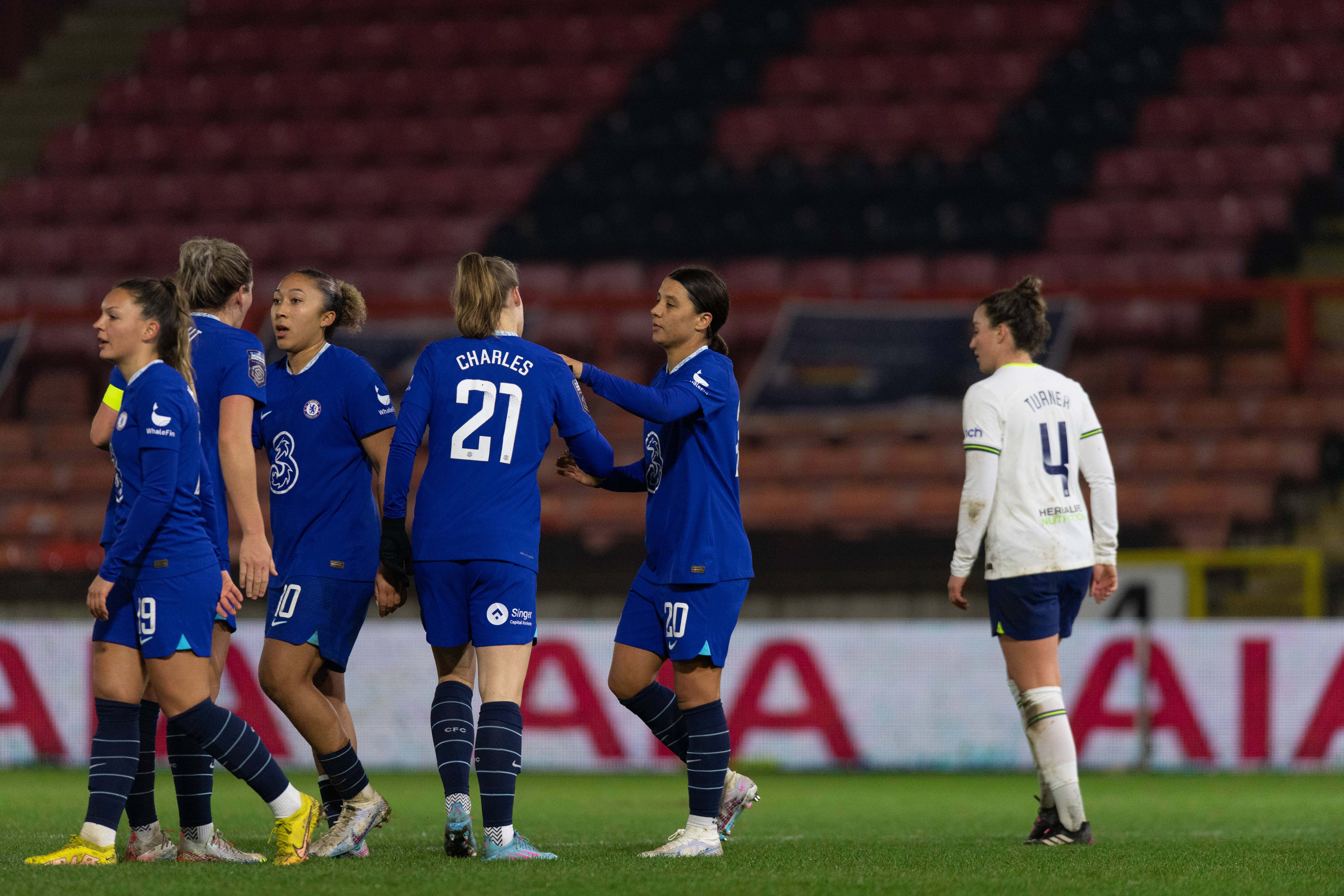 Sam Kerr of Chelsea scores her sides third goal during the FA Women's Continental Tyres League Cup match between Tottenham Hotspur and Chelsea at Brisbane Road on January 25, 2023 in London, England.