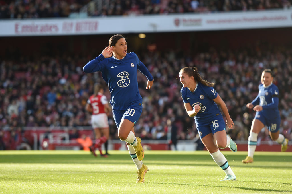 Sam Kerr of Chelsea celebrates after scoring her team's first goal during the FA Women's Super League match between Arsenal and Chelsea at Emirates Stadium on January 15, 2023, in London, England. (Photo by Harriet Lander - Chelsea FC/Chelsea FC via Getty Sam Kerr of Chelsea celebrates after scoring her team's first goal during the FA Women's Super League match between Arsenal and Chelsea at Emirates Stadium on January 15, 2023, in London, England. (Photo by Harriet Lander - Chelsea FC/Chelsea FC via Getty Images)
