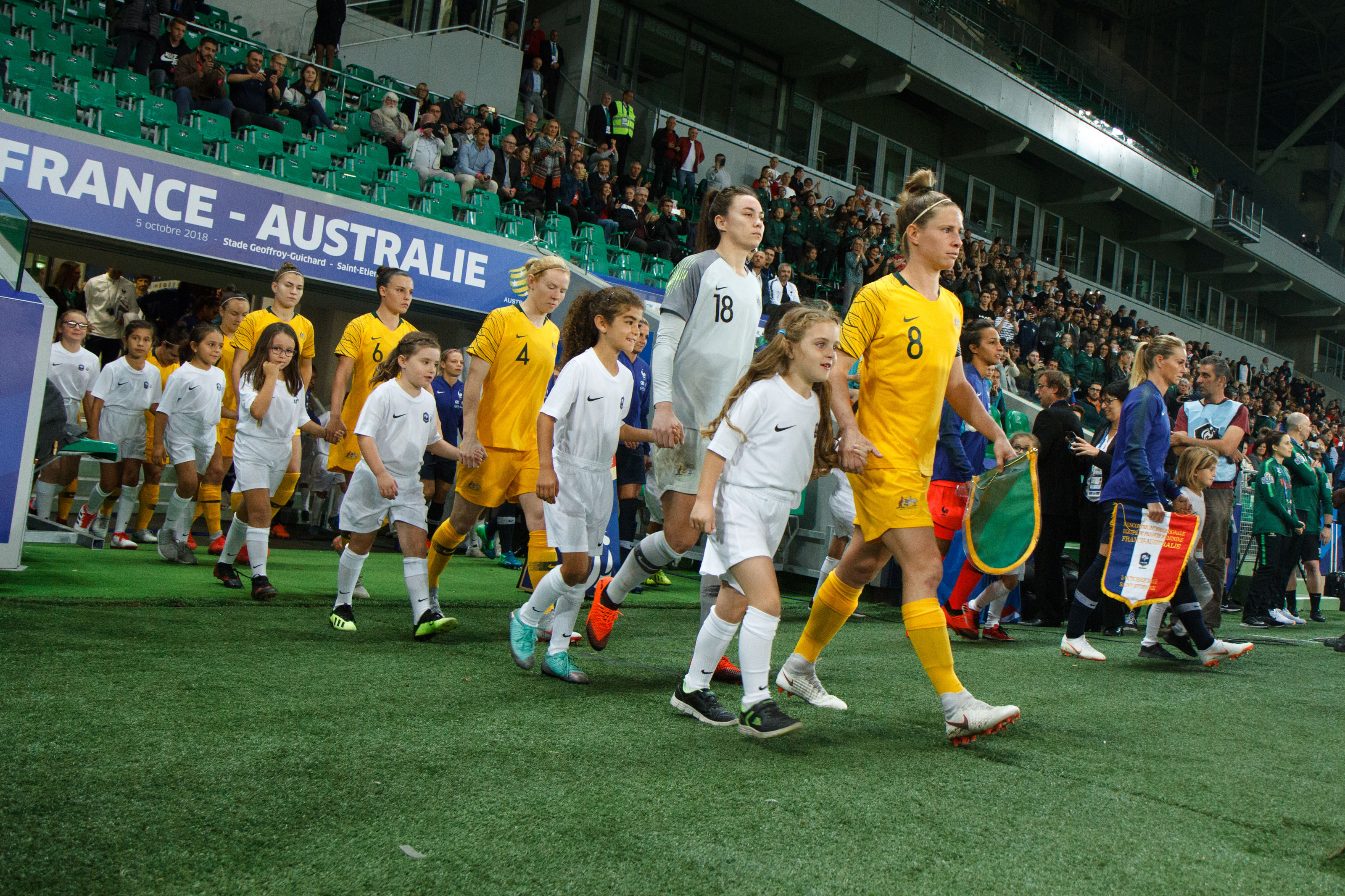 Elise Kellond-Knight of Australia leads the side out in their game against France at Stade Geoffroy-Guichard on October 5, 2018 in Saint-Etienne, France.