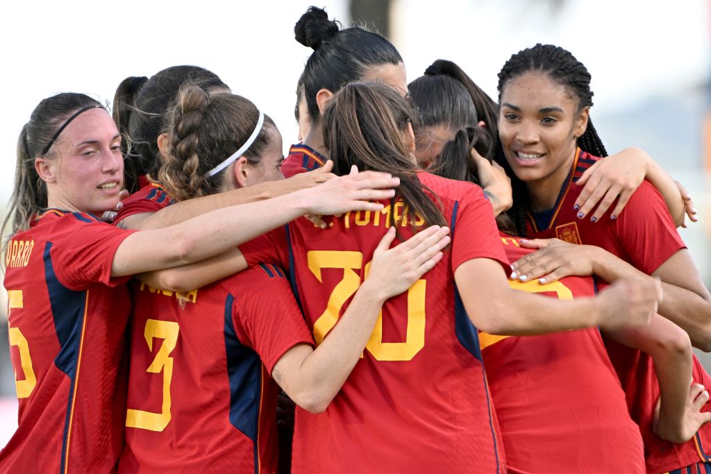 Spainish players celebrate their third goals during the 2023 Cup of Nations womens football match between Spain and Jamaica in Gosford on February 16, 2023. - -- IMAGE RESTRICTED TO EDITORIAL USE - STRICTLY NO COMMERCIAL USE -- (Photo by Saeed KHAN / AFP) Spainish players celebrate their third goals during the 2023 Cup of Nations womens football match between Spain and Jamaica in Gosford on February 16, 2023. - -- IMAGE RESTRICTED TO EDITORIAL USE - STRICTLY NO COMMERCIAL USE -- (Photo by Saeed KHAN / AFP) / -- IMAGE RESTRICTED TO EDITORIAL USE - STRICTLY NO COMMERCIAL USE -- (Photo by SAEED KHAN/AFP via Getty Images)