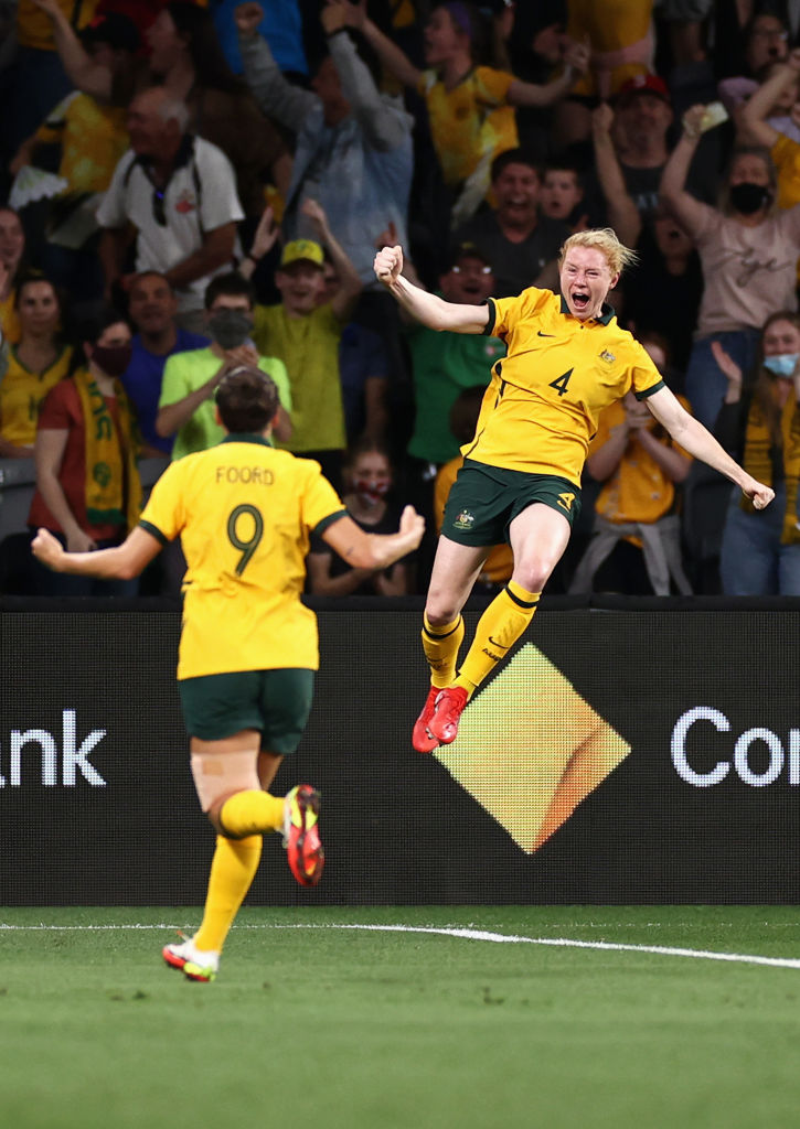 Clare Polkinghorne of the Matildas celebrates kicking a goal with team mates during the Women's International Friendly match between the Australia Matildas and Brazil at CommBank Stadium on October 23, 2021 in Sydney, Australia. (Photo by Cameron Spencer/Getty Images)