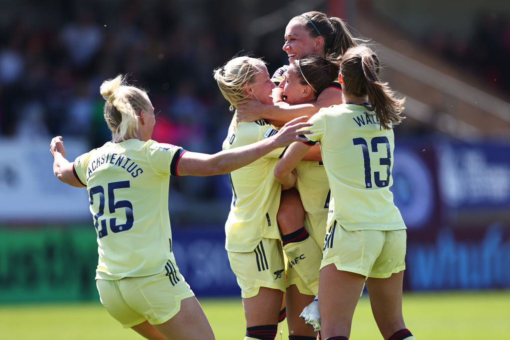 Steph Catley of Arsenal celebrates with teammates after scoring their team's second goal during the Barclays FA Women's Super League match between West Ham United Women and Arsenal Women at Chigwell Construction Stadium on May 08, 2022 in Dagenham, Englan Steph Catley of Arsenal celebrates with teammates after scoring their team's second goal during the Barclays FA Women's Super League match between West Ham United Women and Arsenal Women at Chigwell Construction Stadium on May 08, 2022 in Dagenham, England. (Photo by Marc Atkins/Getty Images)