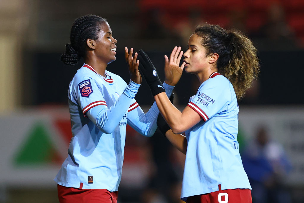 Khadija Shaw of Manchester City celebrates with team mate Mary Fowler after scoring their sides third goal during the FA Women's Continental Tyres League Cup match between Bristol City and Manchester City at Ashton Gate on January 25, 2023 in Bristol, England. (Photo by Michael Steele/Getty Images)