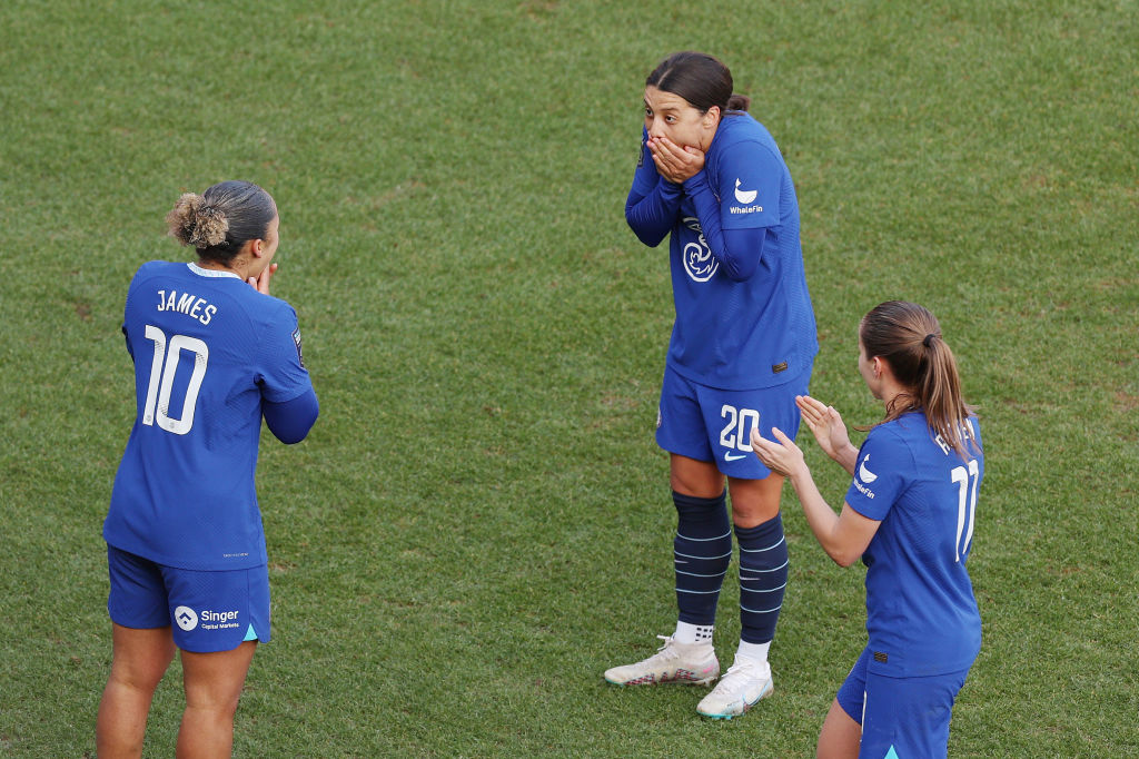Lauren James of Chelsea celebrates with teammate Sam Kerr after scoring the team's second goal during the FA Women's Super League match between Tottenham Hotspur and Chelsea at Brisbane Road on February 05, 2023 in London, England. (Photo by Julian Finney/Getty Images )