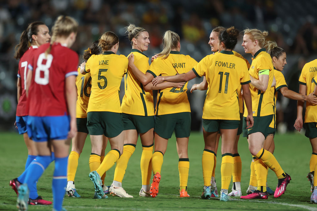 Sam Kerr of the Matildas celebrates a goal with team mate during the Cup of Nations match between the Australia Matildas and Czechia at Industree Group Stadium on February 16, 2023 in Gosford, Australia. (Photo by Cameron Spencer/Getty Images) Sam Kerr of the Matildas celebrates a goal with team mate during the Cup of Nations match between the Australia Matildas and Czechia at Industree Group Stadium on February 16, 2023 in Gosford, Australia. (Photo by Cameron Spencer/Getty Images)