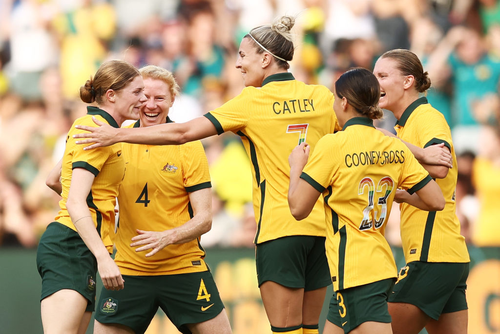 Cortnee Vine of Australia celebrates with team mates after scoring a goal during the 2023 Cup of Nations Match between Australian Matildas and Spain at CommBank Stadium on February 19, 2023 in Sydney, Australia. (Photo by Matt King/Getty Images)