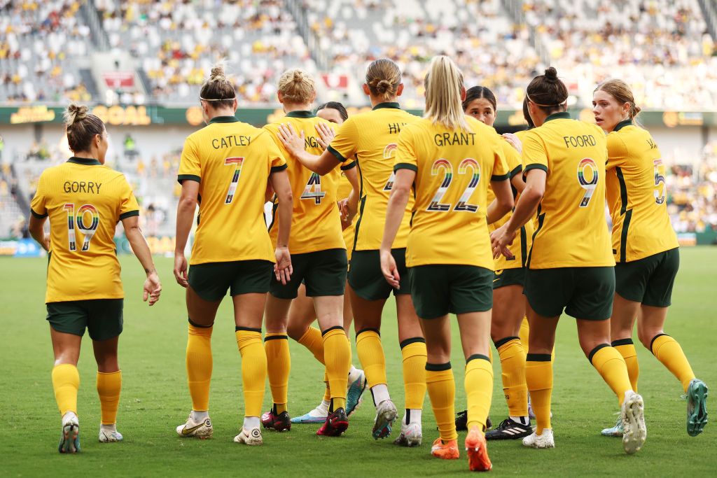 Clare Polkinghorne of Australia celebrates with team mates after scoring a goal during the 2023 Cup of Nations Match between Australian Matildas and Spain at CommBank Stadium on February 19, 2023 in Sydney, Australia. (Photo by Matt King/Getty Images)