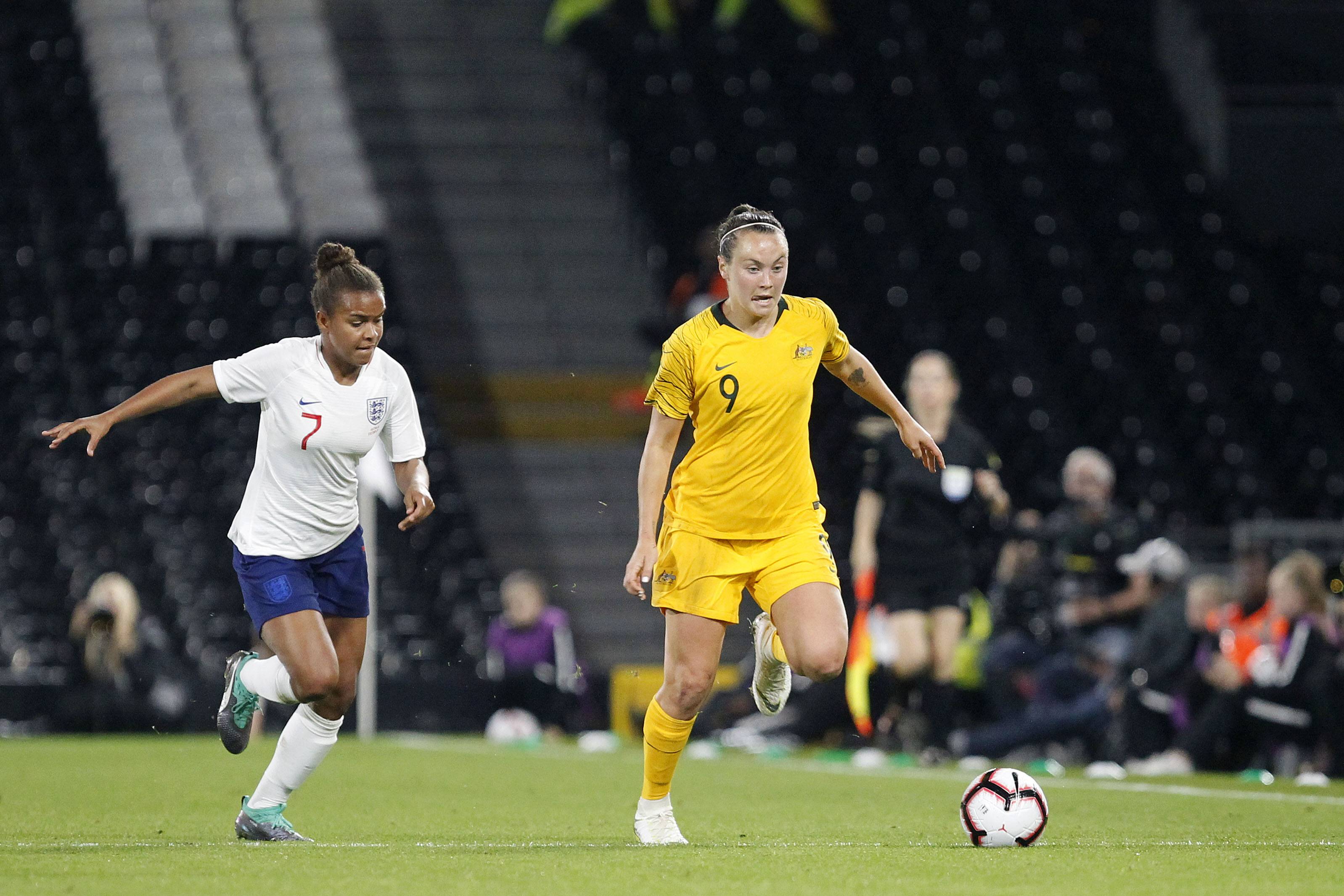 Nikita Parris of England and Caitlin Foord of Australia during the International Friendly between England Women and Australia Women at Craven Cottage on October 9, 2018 in London, England. (Photo by Catherine Ivill/Getty Images) Nikita Parris of England and Caitlin Foord of Australia during the International Friendly between England Women and Australia Women at Craven Cottage on October 9, 2018 in London, England. (Photo by Catherine Ivill/Getty Images)