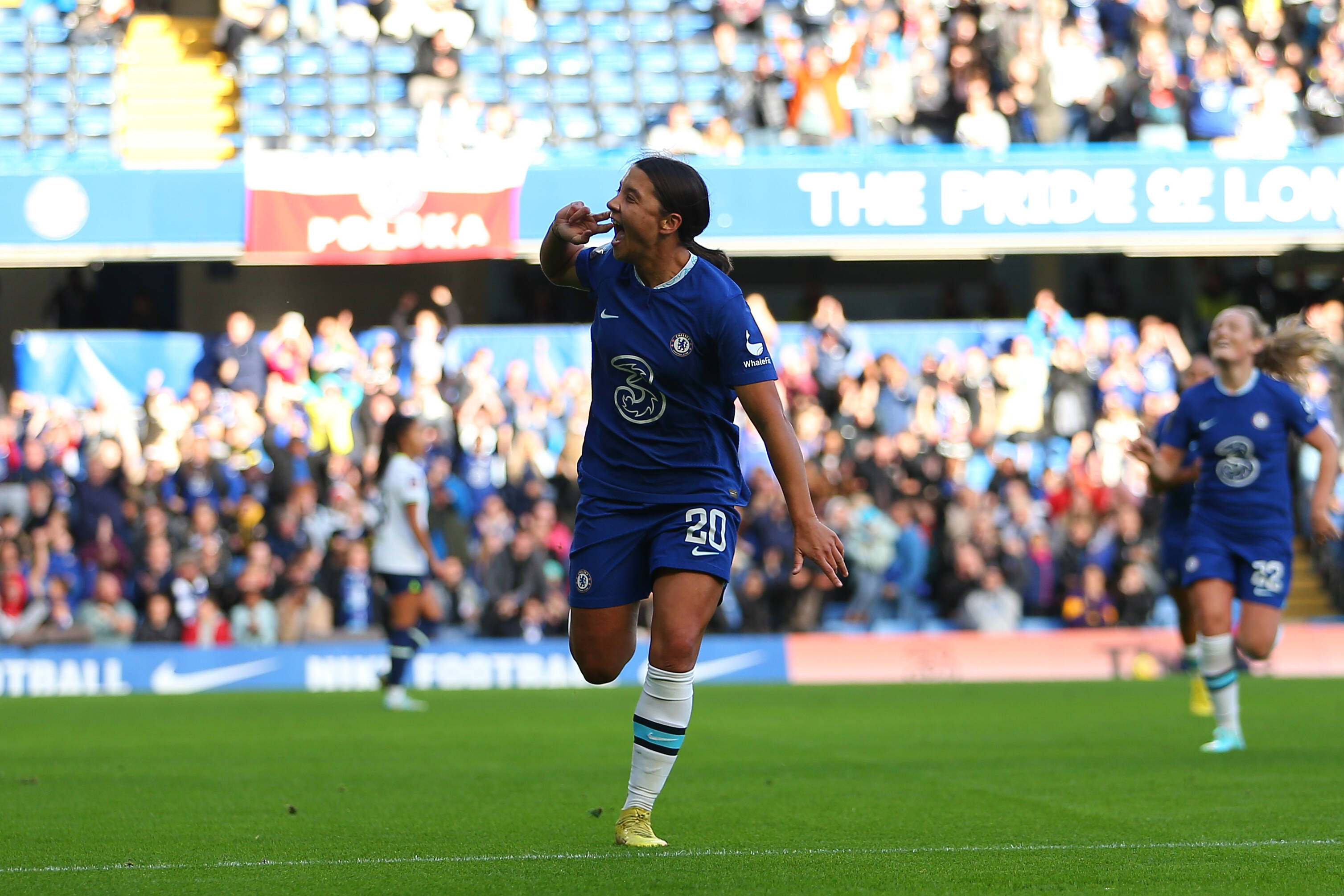 Samantha Kerr celebrates scoring Chelsea's first goal during the FA Women's Super League match between Chelsea and Tottenham Hotspur at Stamford Bridge on November 20, 2022 in London, England. (Photo by Visionhaus/Getty Images) Samantha Kerr celebrates scoring Chelsea's first goal during the FA Women's Super League match between Chelsea and Tottenham Hotspur at Stamford Bridge on November 20, 2022 in London, England. (Photo by Visionhaus/Getty Images)