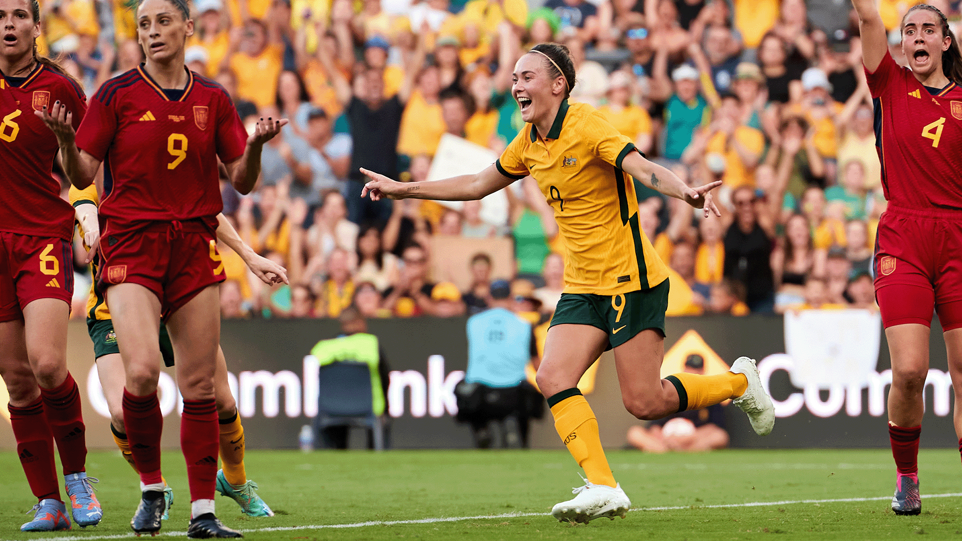 Caitlin Foord celebrating her goal for Australia during the Cup of Nations 2023 against Spain at CommBank Stadium. (Photo: Rachel Bach/By The White Line)