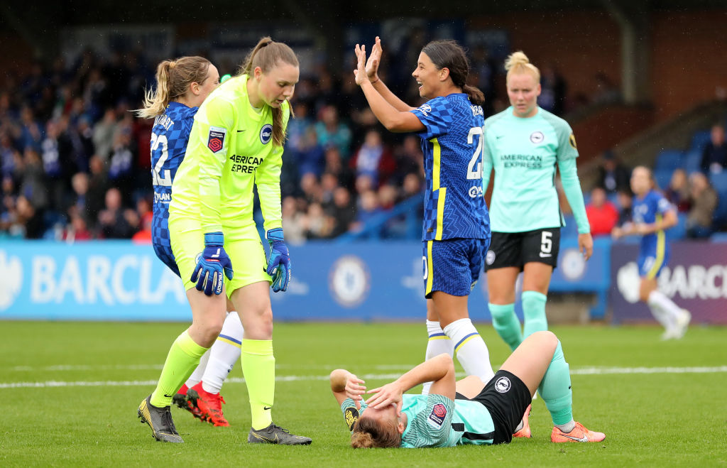 Sam Kerr of Chelsea celebrates with Erin Cuthbert after scoring their team's second goal during the Barclays FA Women's Super League match between Chelsea Women and Brighton & Hove Albion Women at Kingsmeadow on October 02, 2021 in Kingston upon Thames, England. (Photo by James Chance/Getty Images)
