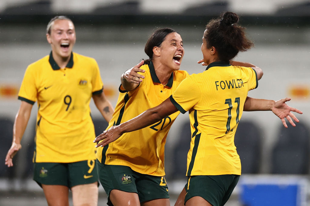 Mary Fowler of the Matildas celebrates scoring a goal with Sam Kerr of the Matildas during the Women's International Friendly match between the Australia Matildas and Brazil at CommBank Stadium on October 23, 2021 in Sydney, Australia. (Photo by Cameron Spencer/Getty Images)