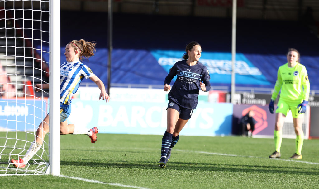 Hayley Raso of Manchester City celebrates after scoring their team's fifth goal during the Barclays FA Women's Super League match between Brighton & Hove Albion Women and Manchester City Women at The People's Pension Stadium on January 09, 2022 in Crawley, England. (Photo by Bryn Lennon/Getty Images)
