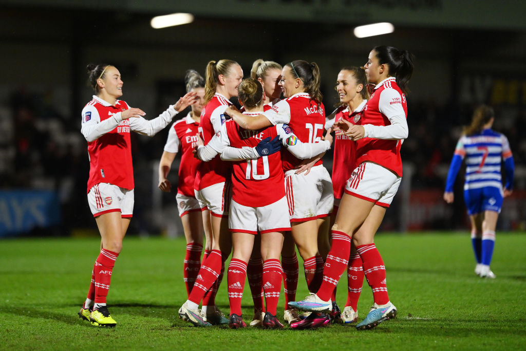 Kim Little of Arsenal celebrates with teammates after scoring the team's first goal during the FA Women's Super League match between Arsenal and Reading at Meadow Park on March 12, 2023 in Borehamwood, England. (Photo by Justin Setterfield/Getty Images)