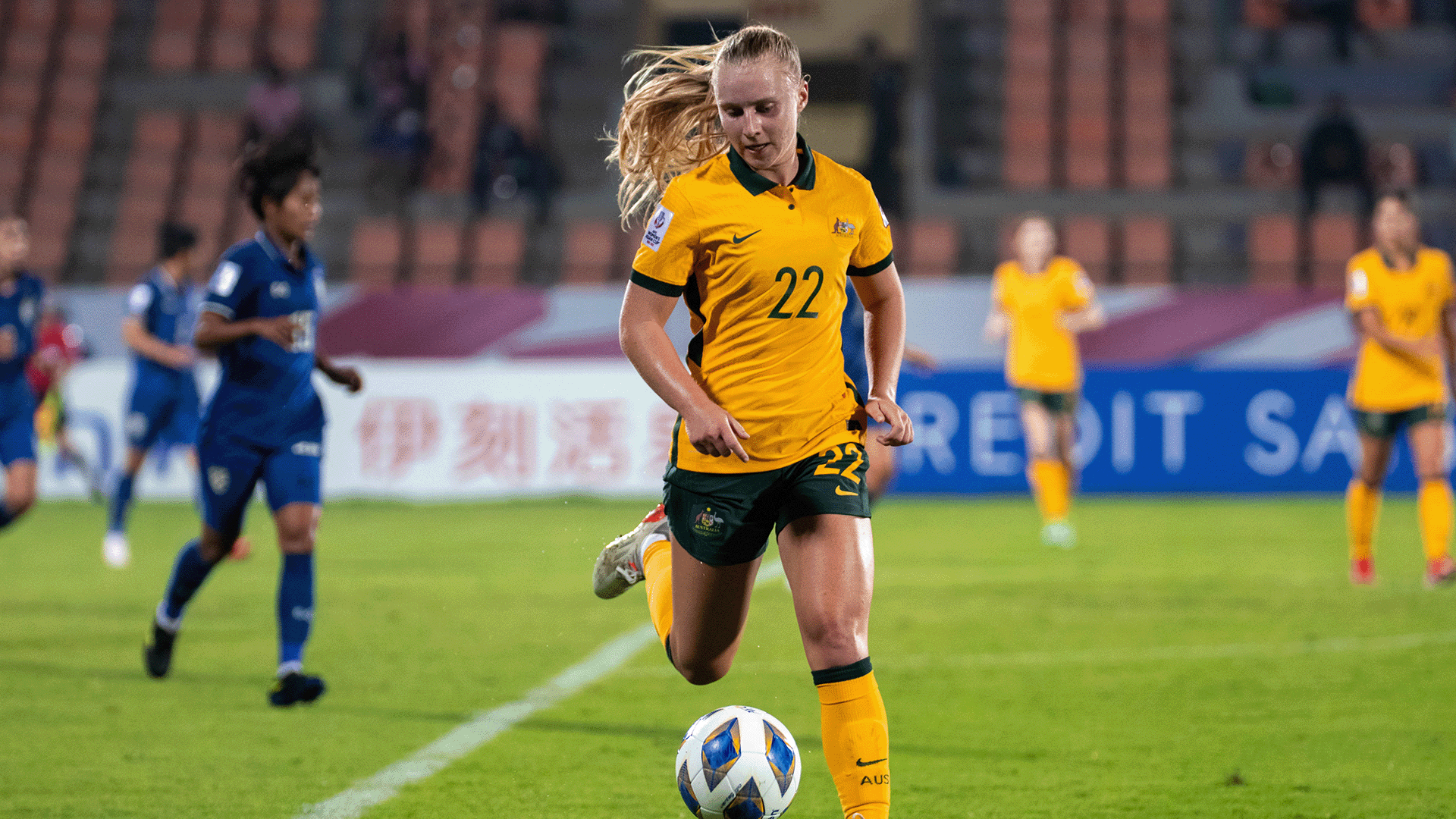 Holly McNamara playing for Australia against Thailand during the 2022 AFC Women’s Asian Cup. (Photo: Ann Odong/Football Australia)