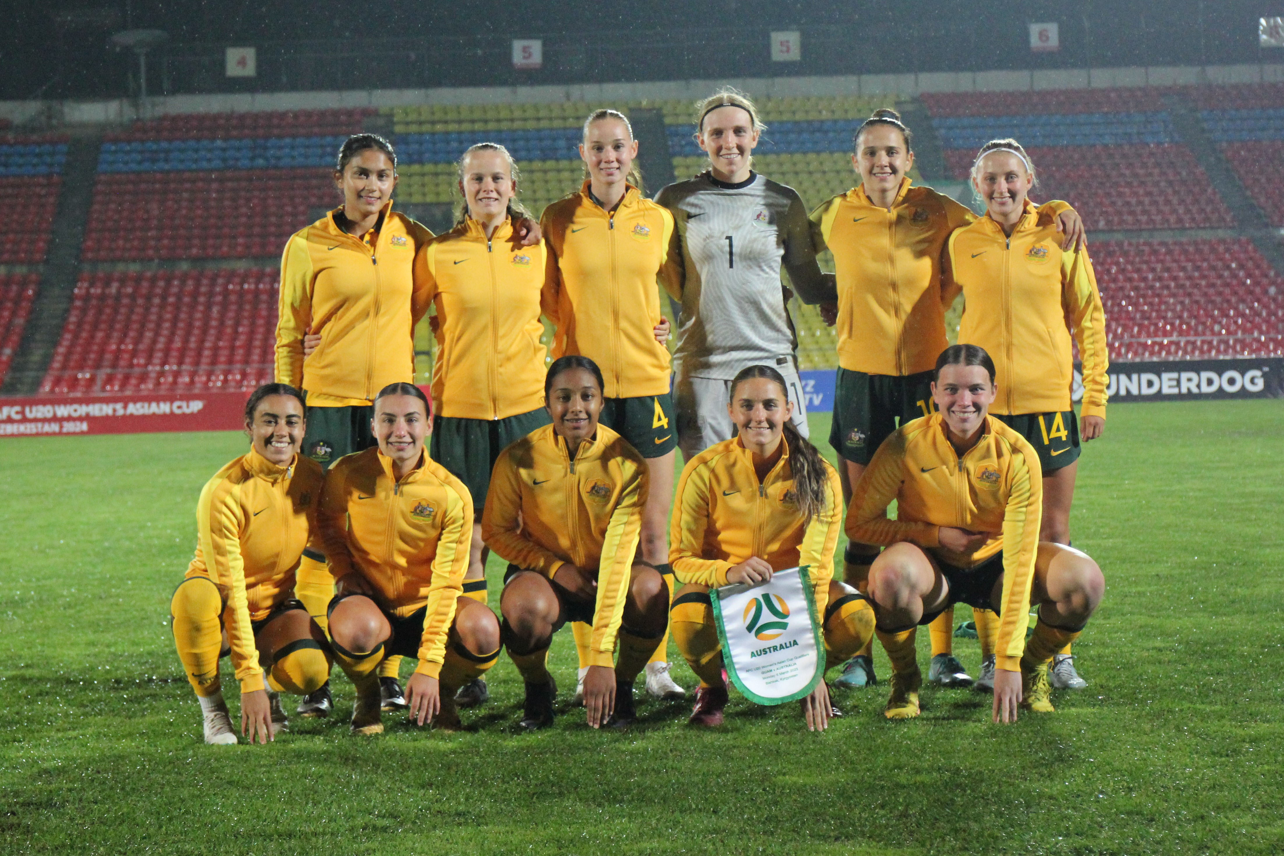 Australia's Starting XI for their game against Guam at the 2024 AFC U-20 Women's Asian Cup Round 1 Qualifiers. Back Row (L to R): Alexia Apostolakis, Shay Hollman, Gemma Ferris, Chloe Lincoln, Daniela Galic and Zara Kruger. Front Row (L to R): Emilia Murray, Sienna Saveska, Maya Lobo, Jessika Nash and Kahli Johnson